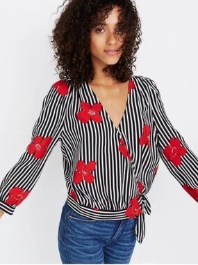 Madewell Striped Black & White Wrap Blouse with Red Floral Print